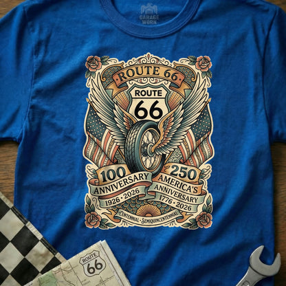 Route 66 t-shirt with winged wheel, flags, and anniversary text.