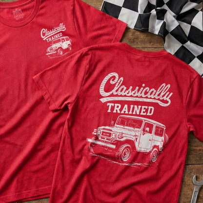 Red t-shirts with white "Classically Trained" text and vintage jeep graphic.