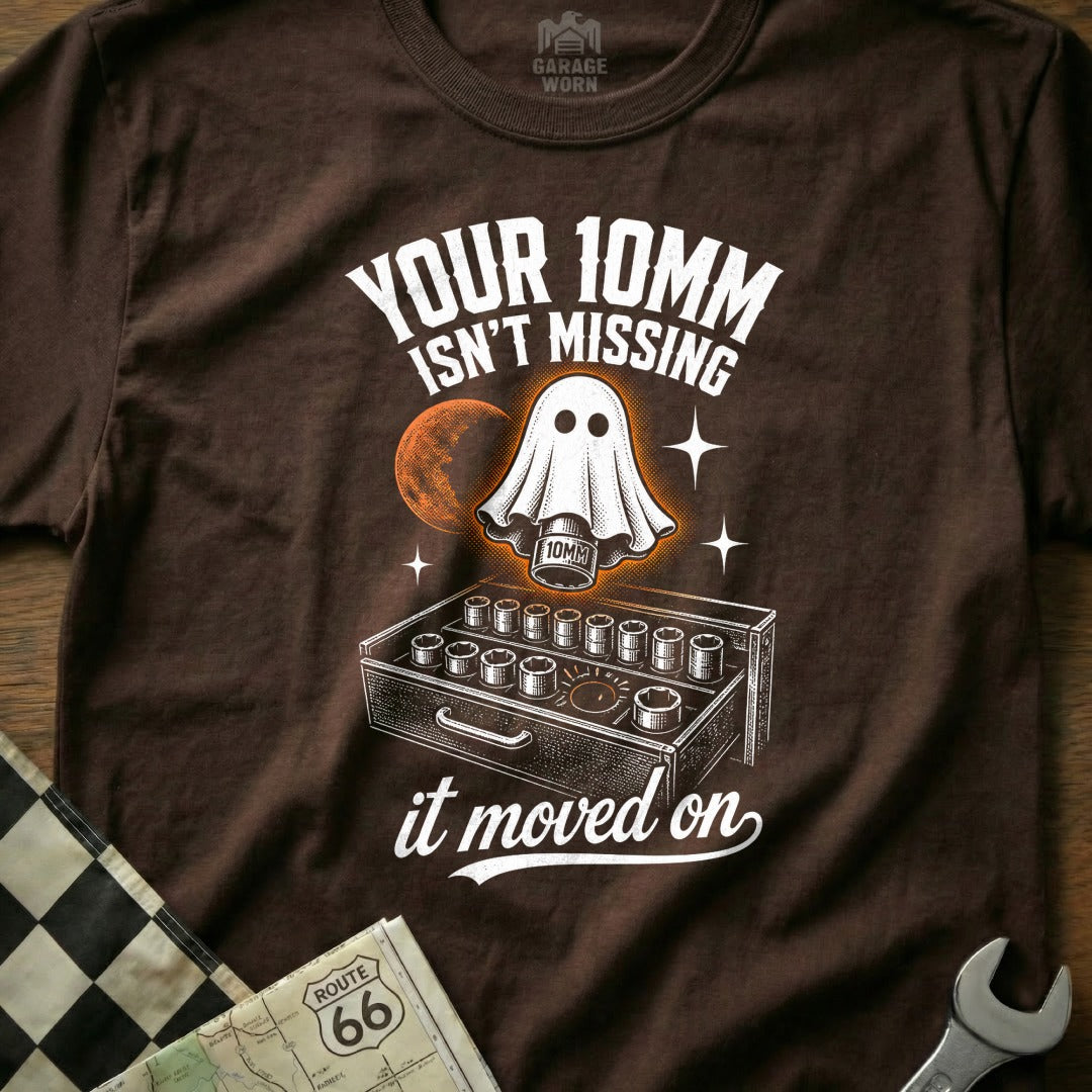 Brown t-shirt graphic with ghost holding a 10mm socket above a toolbox.
