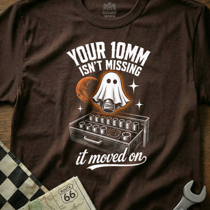 Brown t-shirt graphic with ghost holding a 10mm socket above a toolbox.