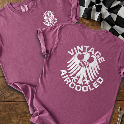 Vintage Rides Aircooled eagle graphic on a maroon t-shirt with checkered flag.