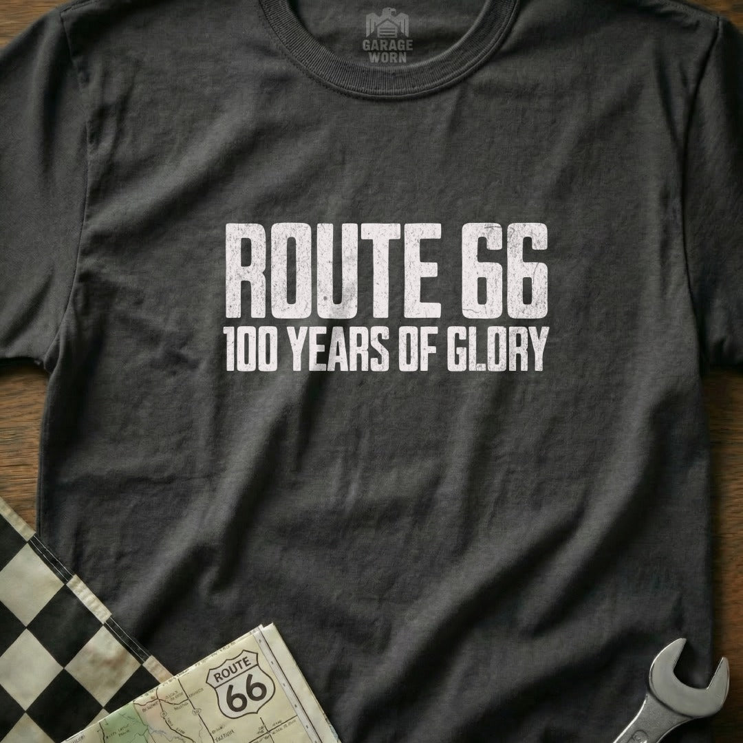 Dark grey t-shirt with "Route 66 100 Years of Glory" text.