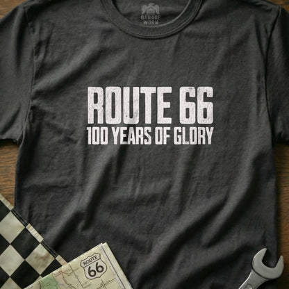 Dark grey t-shirt with "Route 66 100 Years of Glory" text.