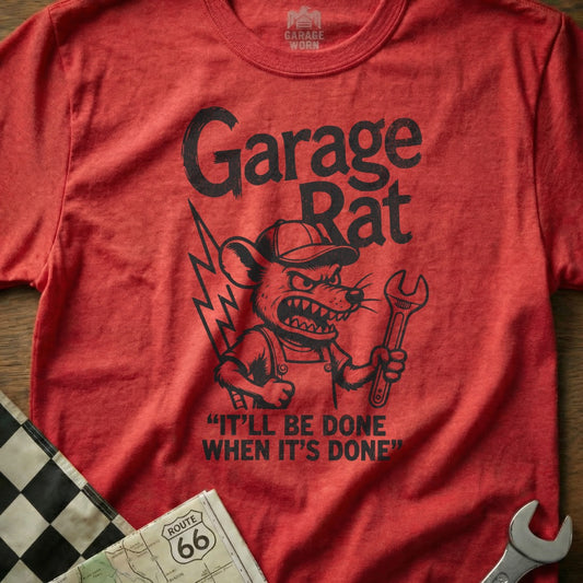 Red t-shirt with "Garage Rat" logo and wrench-holding rat illustration.