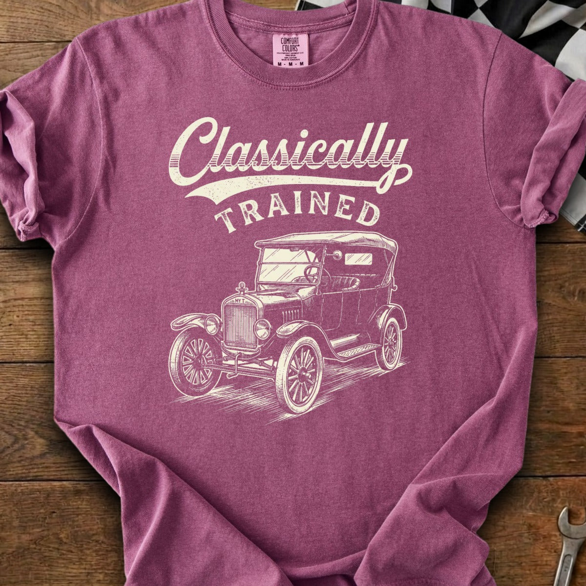 T-shirt with "Classically Trained" and vintage car graphic.