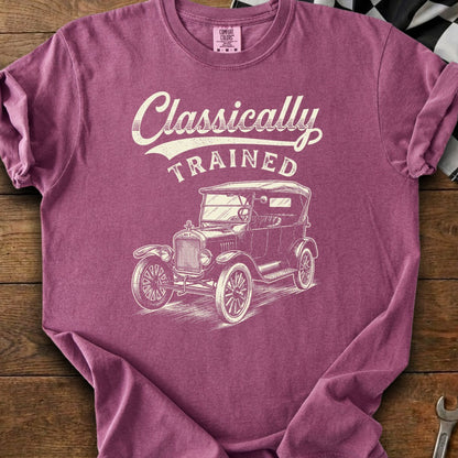 T-shirt with "Classically Trained" and vintage car graphic.