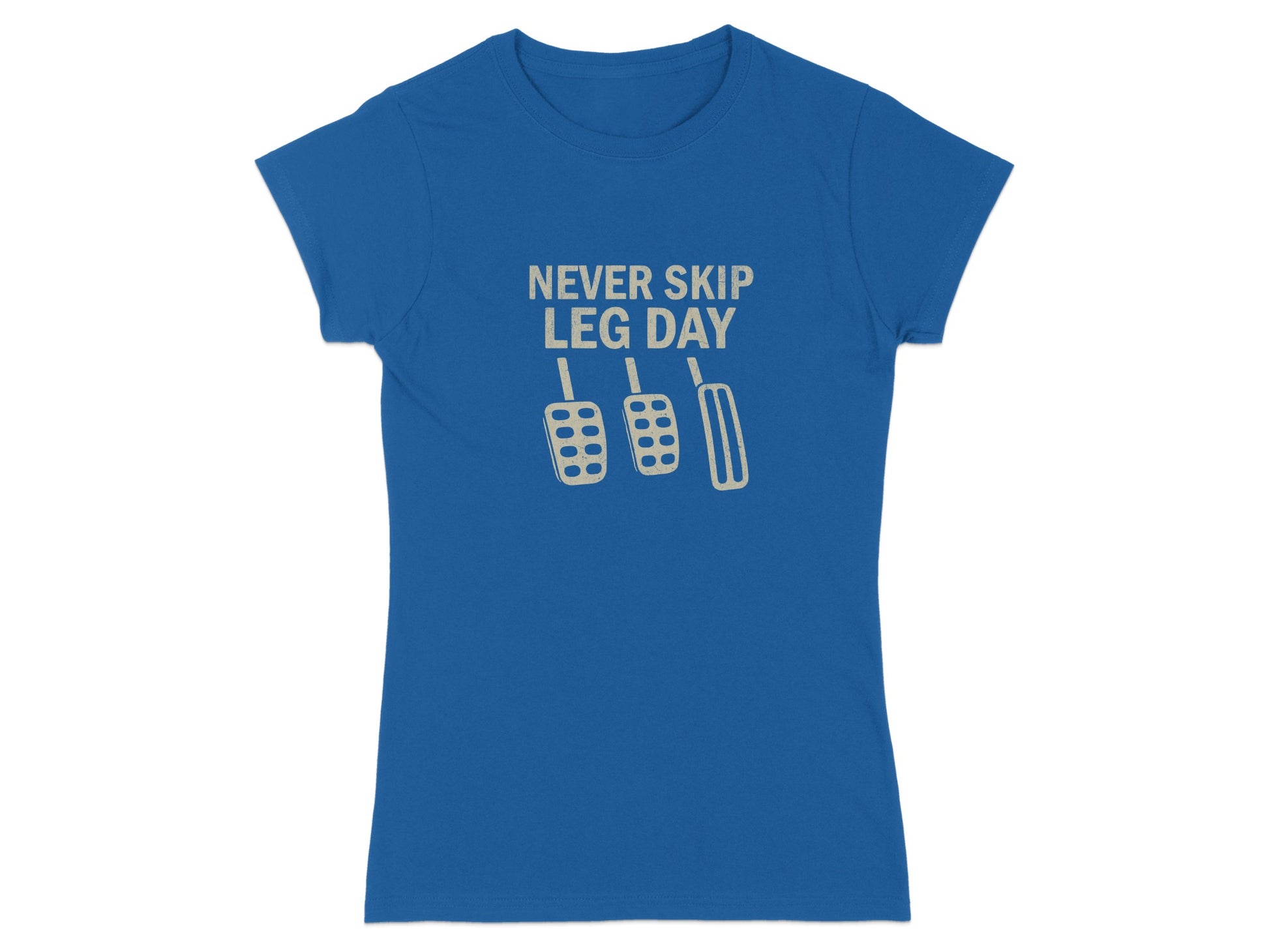 Blue t-shirt with "Never Skip Leg Day" and car pedal graphics.