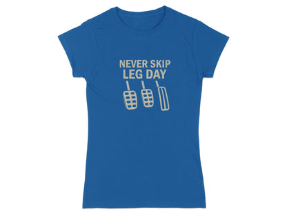 Blue t-shirt with "Never Skip Leg Day" and car pedal graphics.