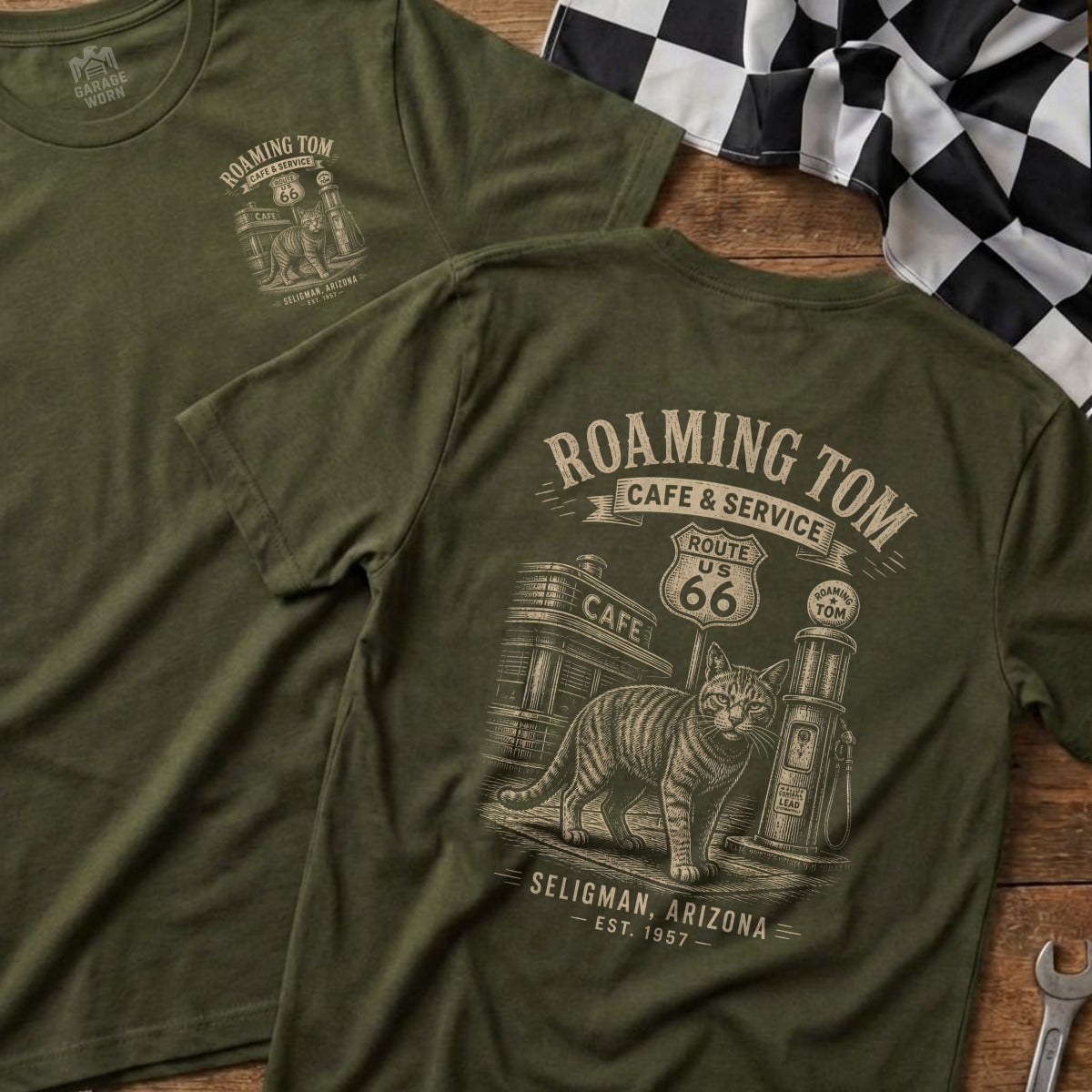 T-shirt with "Roaming Tom Cafe & Service" Route 66 cat graphic.