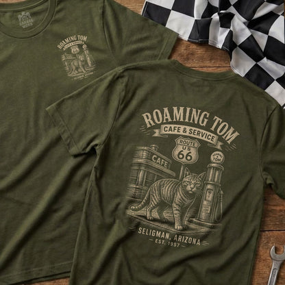 T-shirt with "Roaming Tom Cafe & Service" Route 66 cat graphic.