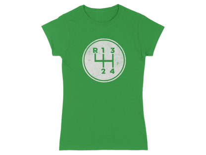 Green t-shirt with a white distressed manual transmission shifter pattern graphic.