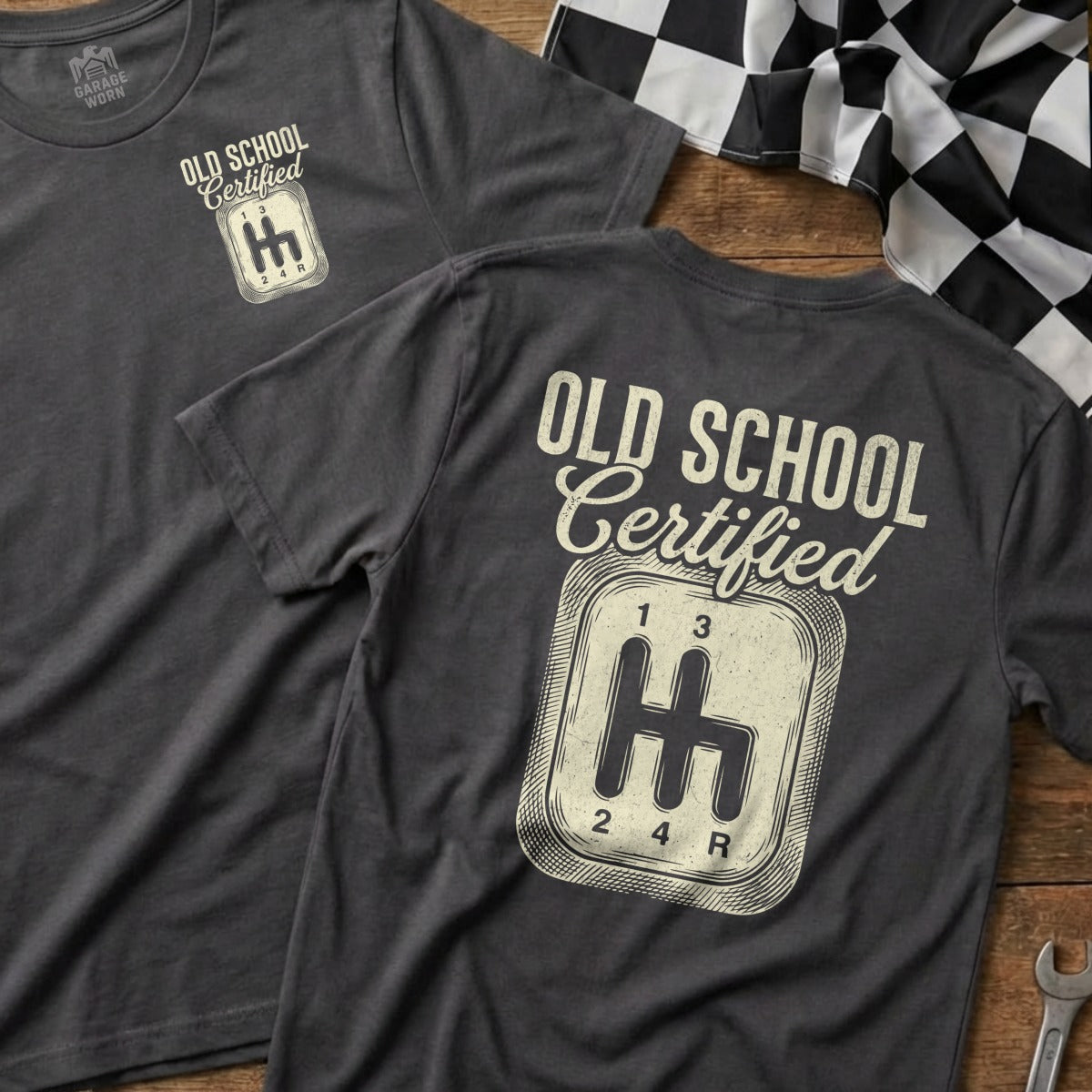 Charcoal t-shirt with "Old School Certified" and manual transmission graphic.