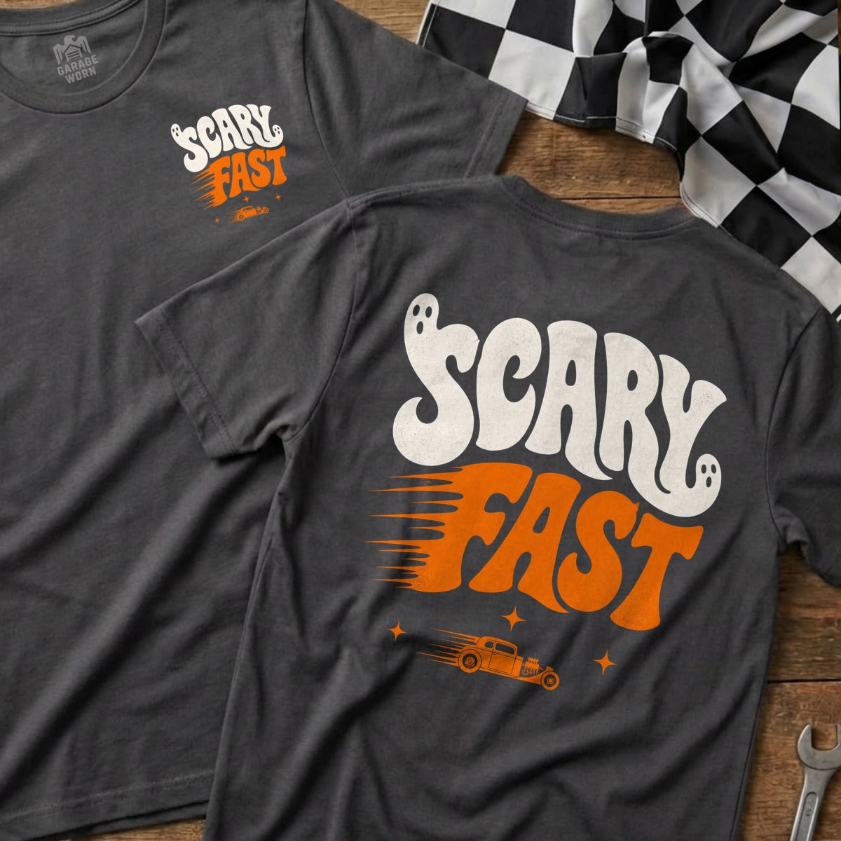Dark grey t-shirts with "Scary Fast" text and ghost graphics.