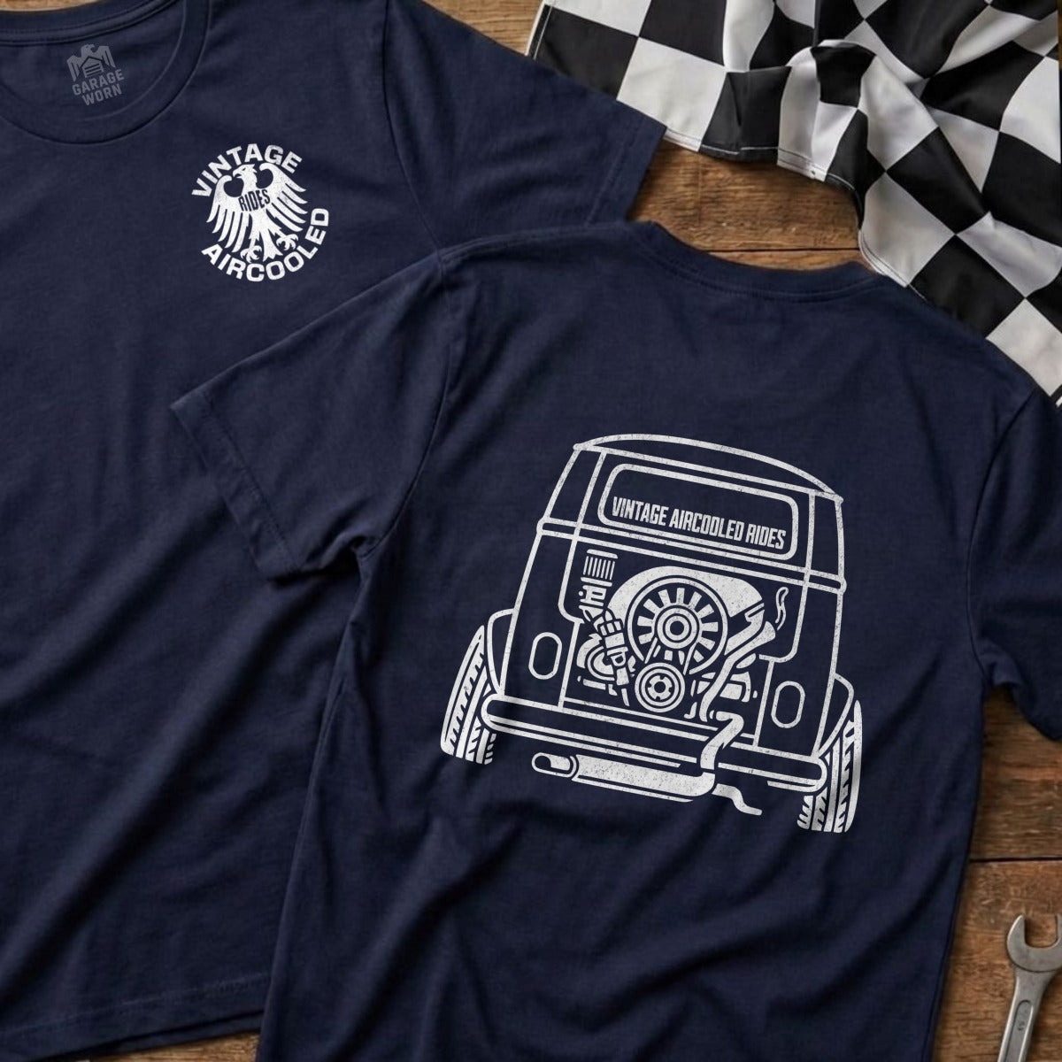 Navy t-shirt with vintage air-cooled car graphic on back.