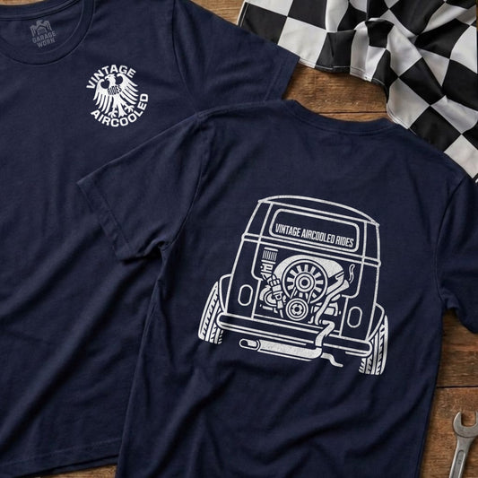 Navy t-shirt with vintage air-cooled car graphic on back.