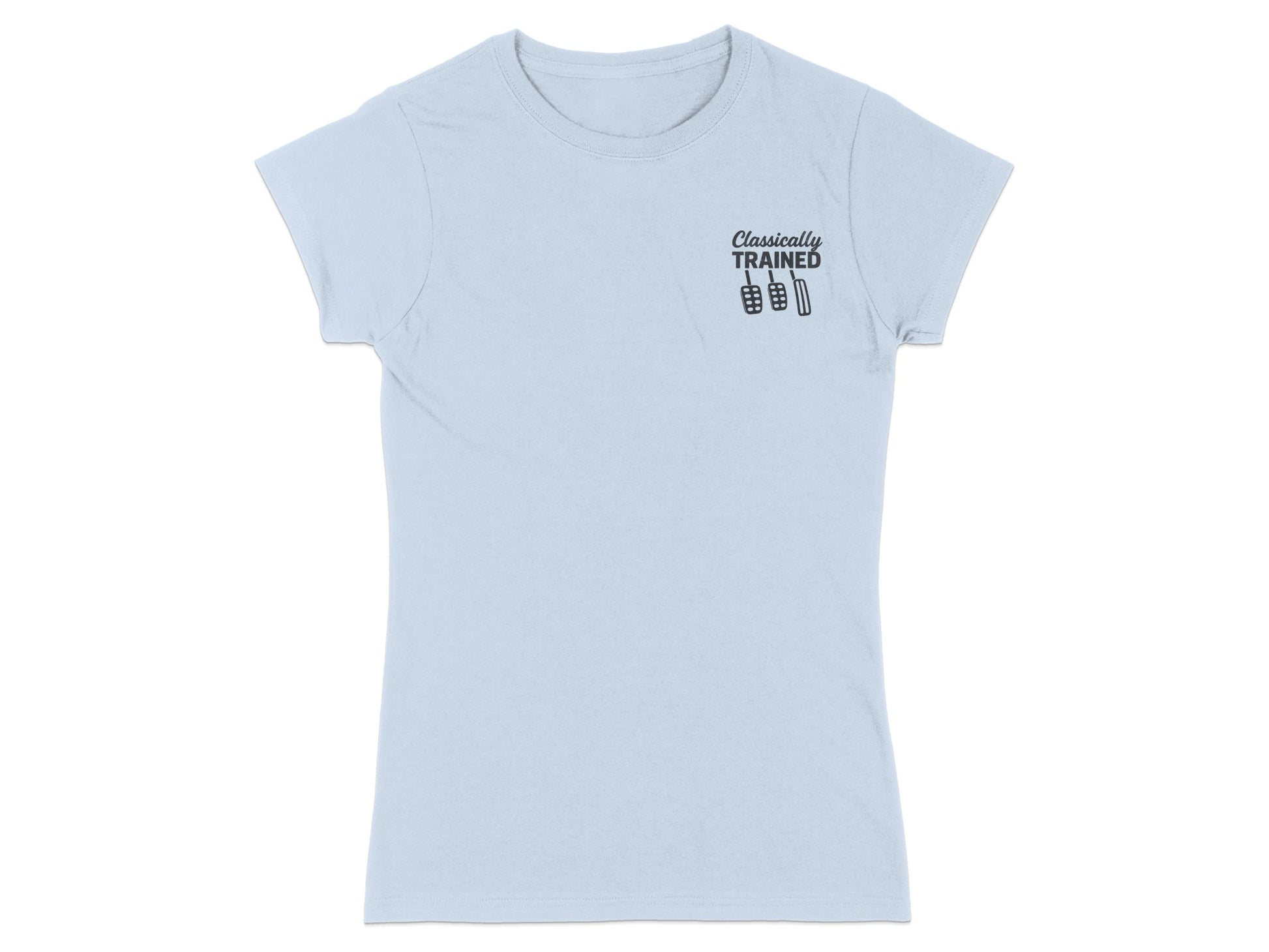 Light blue t-shirt with "CLASSICALLY TRAINED" and three pedals.