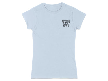 Light blue t-shirt with "CLASSICALLY TRAINED" and three pedals.