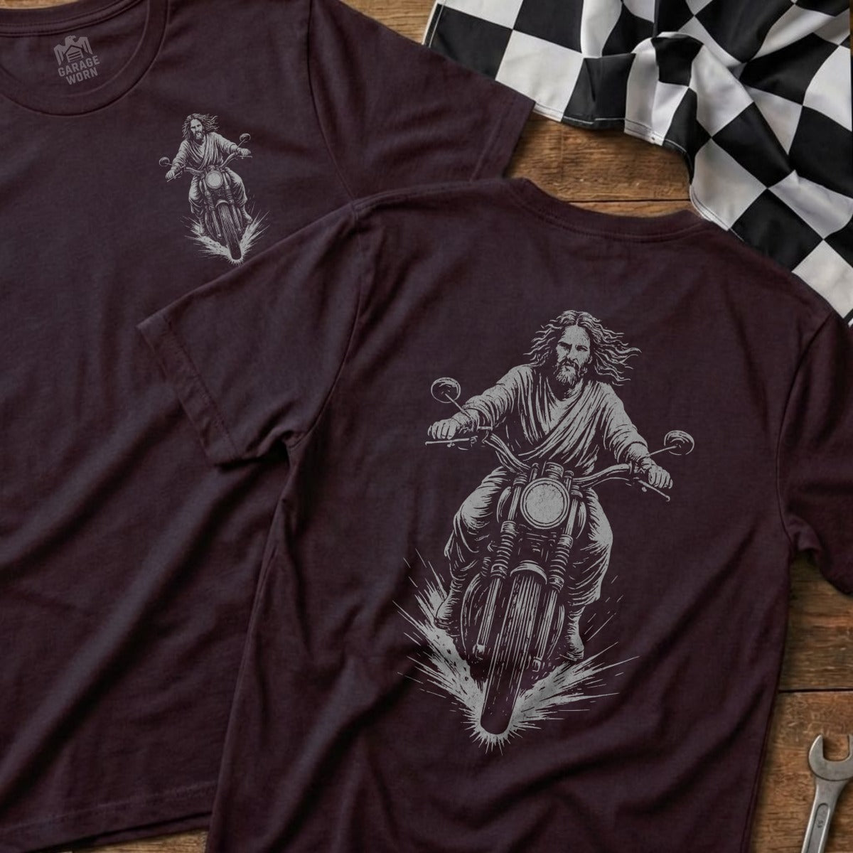 Jesus Riding Motorcycle Illustration on Dark T-Shirt