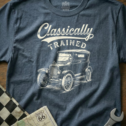 T-shirt with "Classically Trained" text and sketch of vintage car.