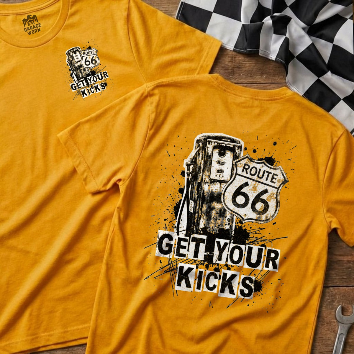 Yellow t-shirt with Route 66 gas pump and "GET YOUR KICKS" graphic.