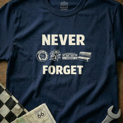 Navy t-shirt with "NEVER FORGET" and automotive part icons.