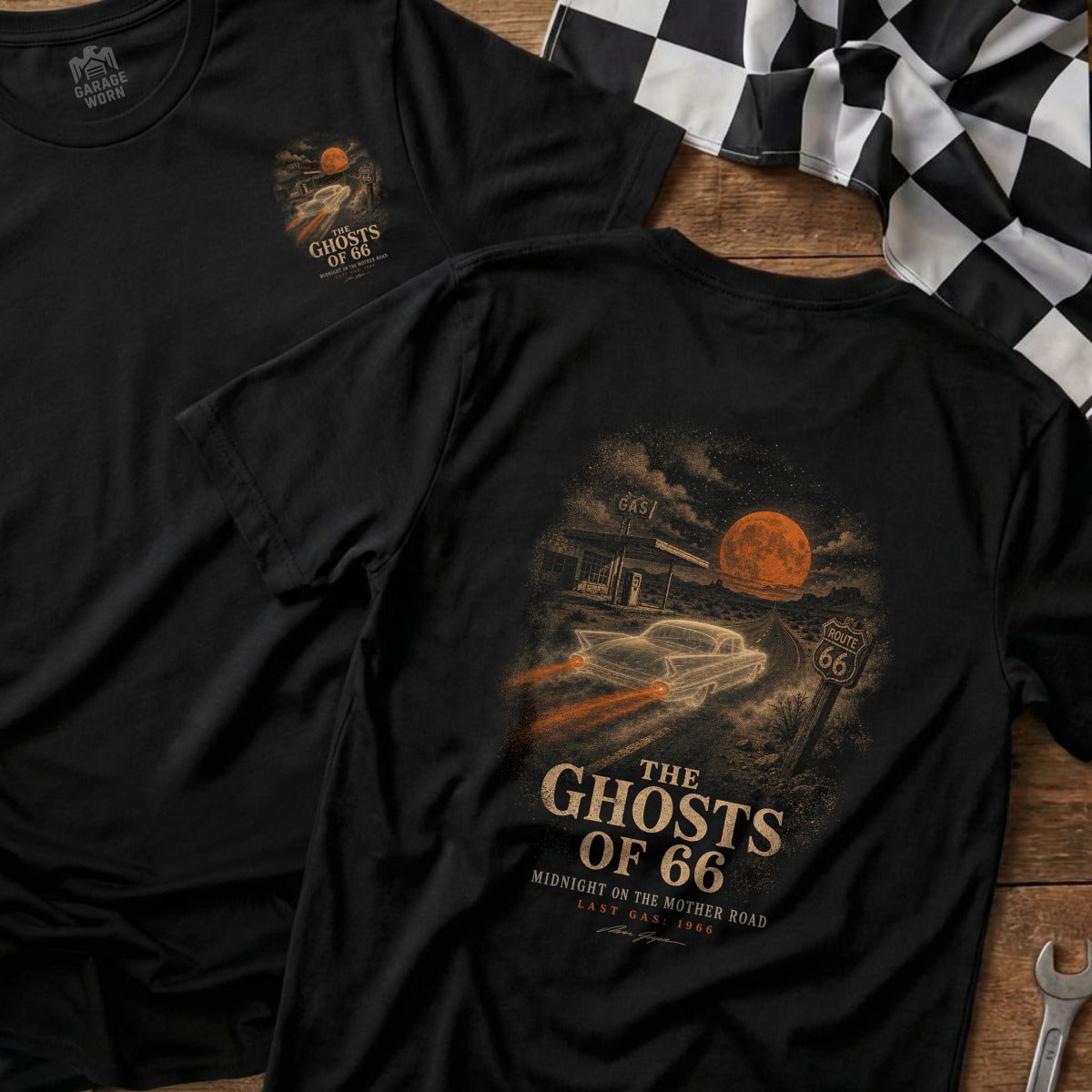 Black t-shirt with "The Ghosts of 66" graphic featuring a vintage car, gas station, and Route 66 sign.