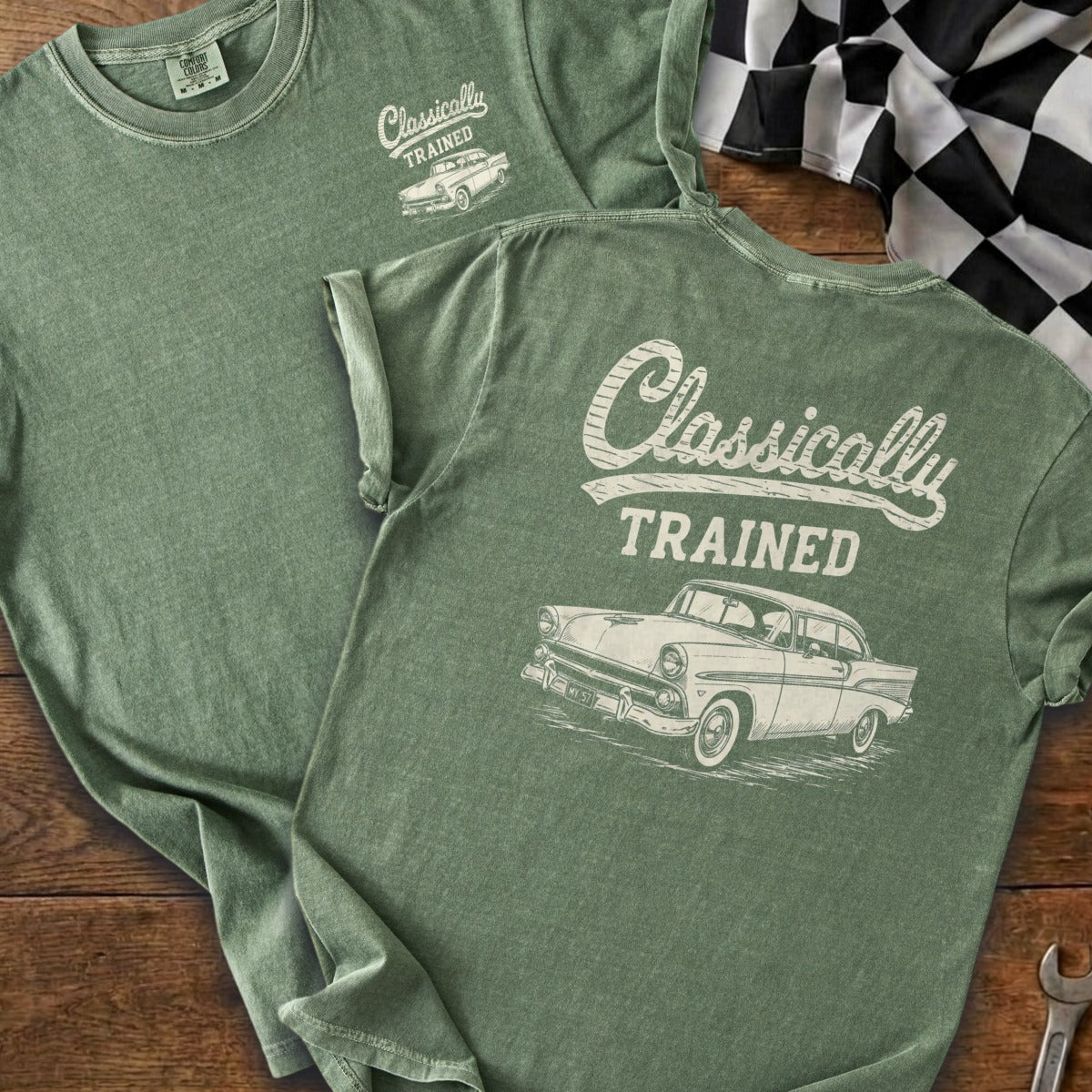 Green t-shirts with "Classically TRAINED" text and a vintage car graphic.