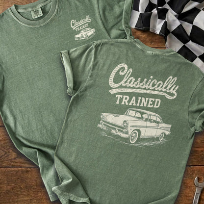 Green t-shirts with "Classically TRAINED" text and a vintage car graphic.