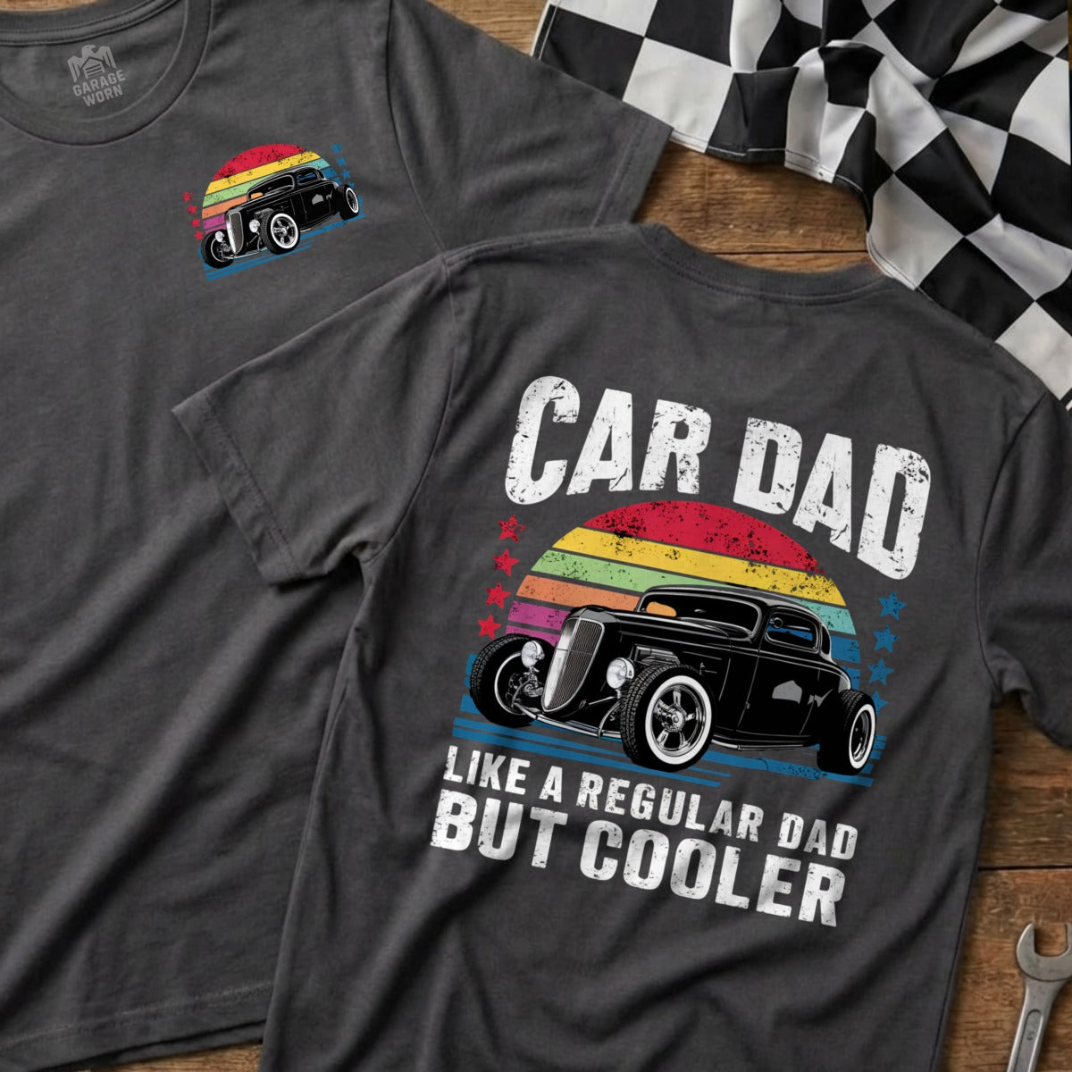 Charcoal t-shirt with vintage car and "Car Dad Like a Regular Dad But Cooler" text.