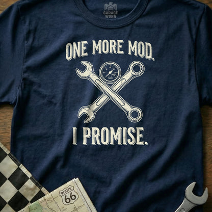 Navy t-shirt with crossed wrenches and a boost gauge reading "ONE MORE MOD, I PROMISE."