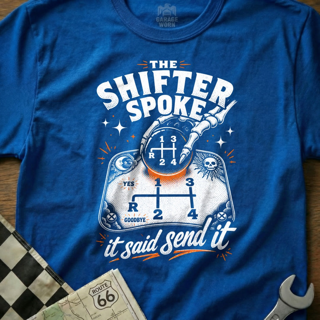 Blue shirt with "The Shifter Spoke" design featuring a skeleton hand on a gear shift.