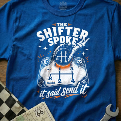 Blue shirt with "The Shifter Spoke" design featuring a skeleton hand on a gear shift.