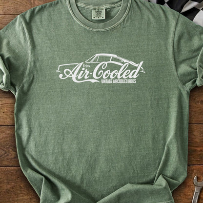 Green t-shirt with white graphic featuring a car and "Enjoy Air-Cooled Vintage Aircooled Rides" text.