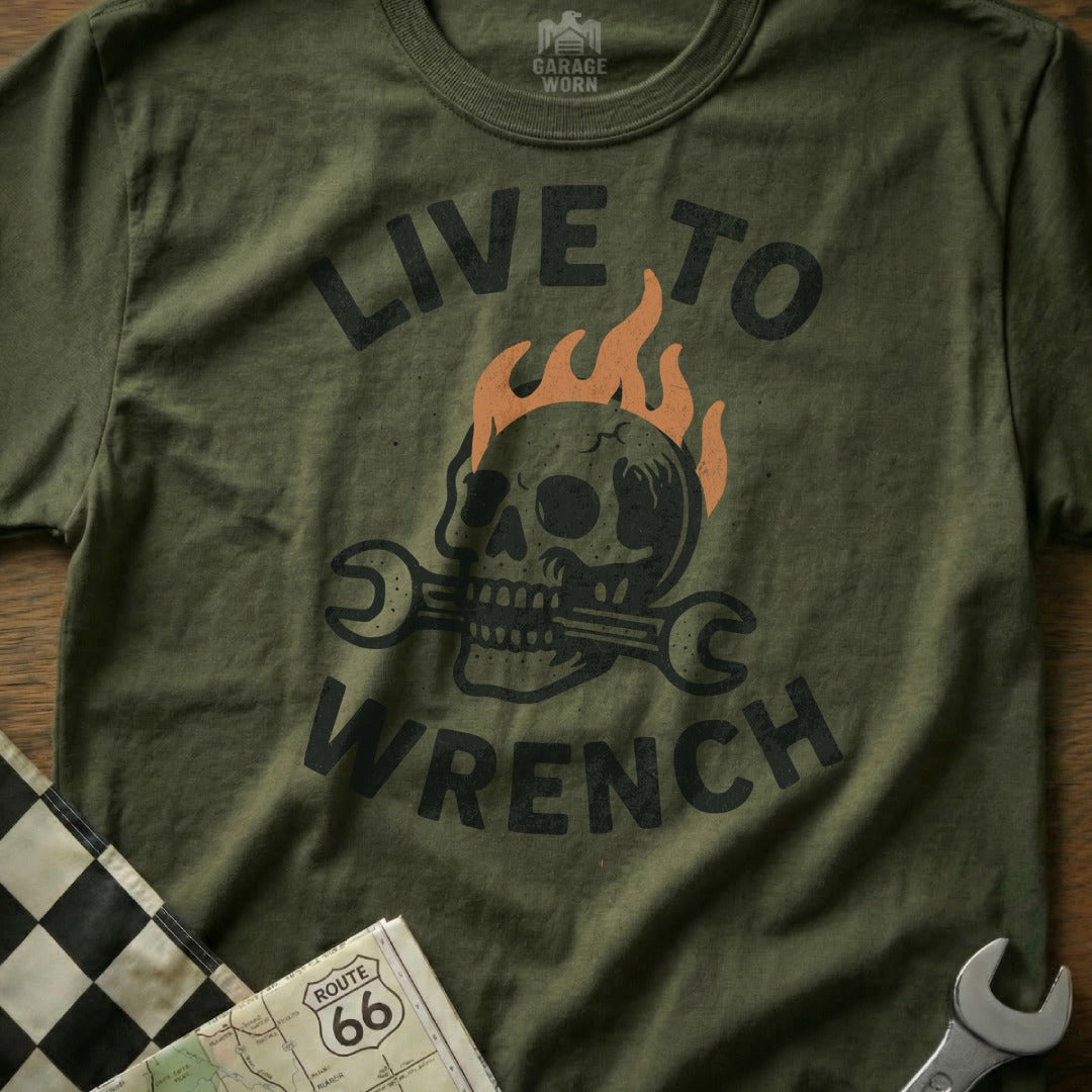 Live to Wrench Skull with Flaming Wrench T-shirt