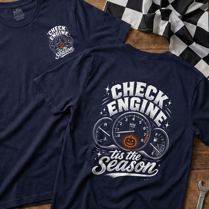 Navy t-shirt with "Check Engine 'tis the Season" graphic featuring gauges and a pumpkin.