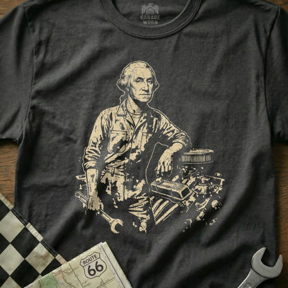 George Washington in mechanic's clothes leans on engine parts with wrenches.
