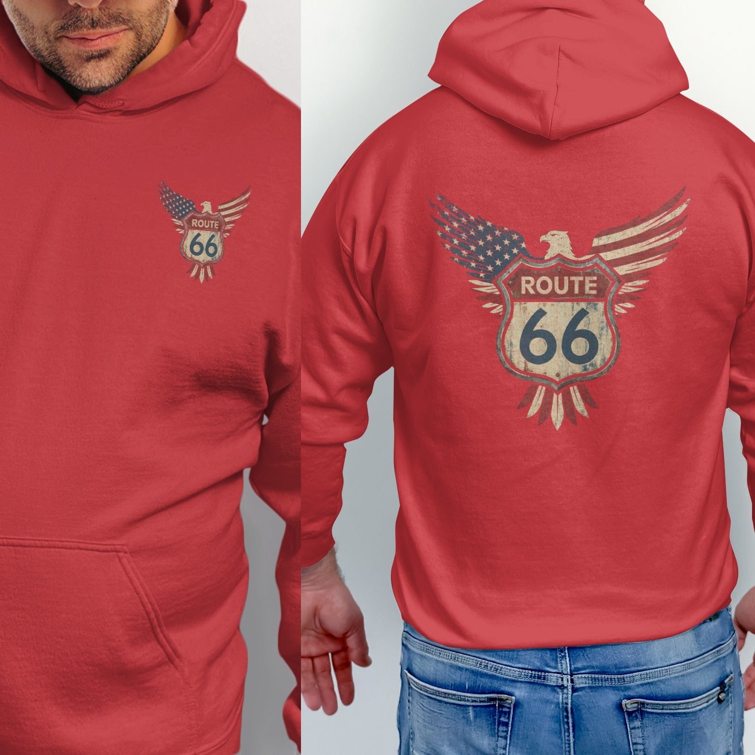 Red hoodie with Route 66 eagle logo on back and chest.