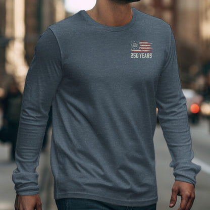 Heather grey long sleeve shirt with distressed American flag and "250 Years" text.