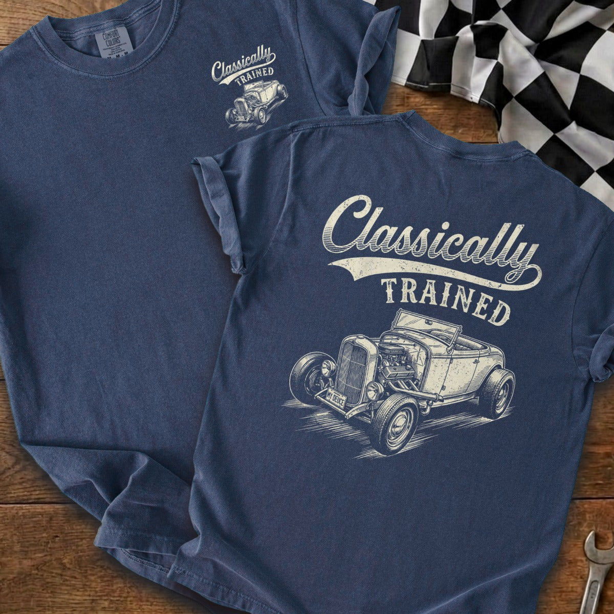 Navy t-shirt with "Classically TRAINED" text and a vintage hot rod illustration.