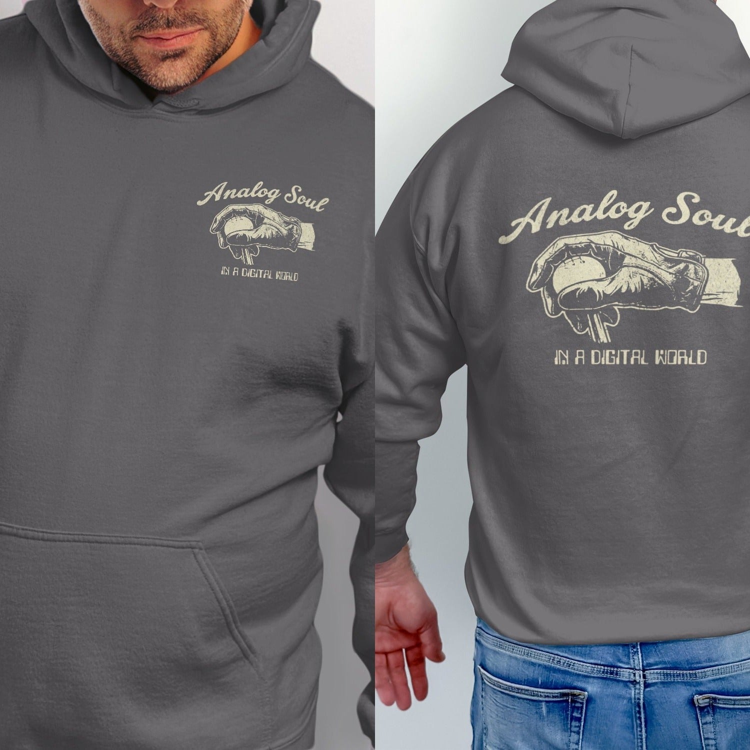 Dark grey hoodie with "Analog Soul In A Digital World" and a hand holding a vinyl record.
