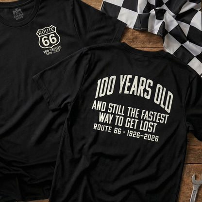 Black t-shirt with "Route 66 100 Years" and racing flag graphic.