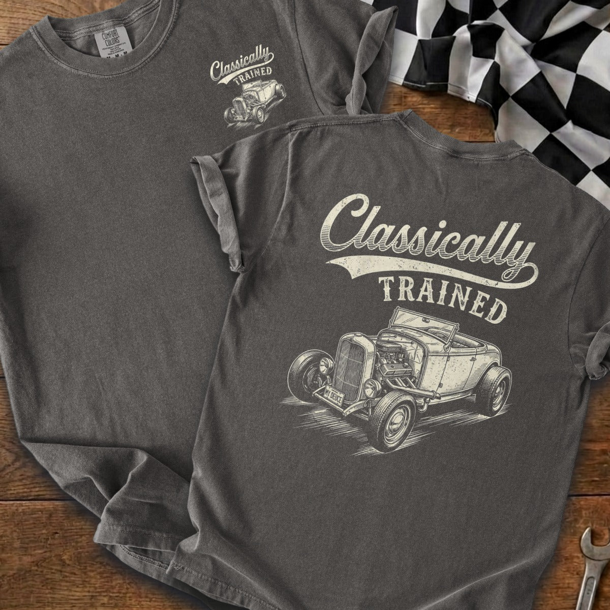 Dark grey t-shirt with "Classically TRAINED" and a hot rod graphic.