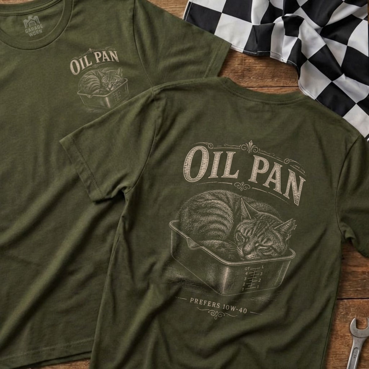 Green t-shirt with "Oil Pan" text and a cat sleeping in a pan.