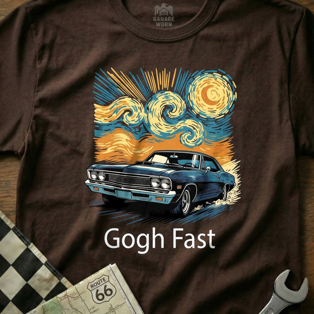Dark brown t-shirt with a vintage car under a starry sky, text "Gogh Fast".
