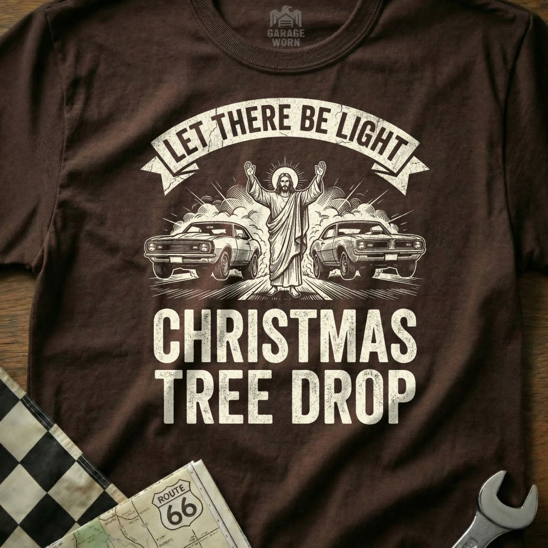 Jesus with cars, announcing "Let There Be Light Christmas Tree Drop".