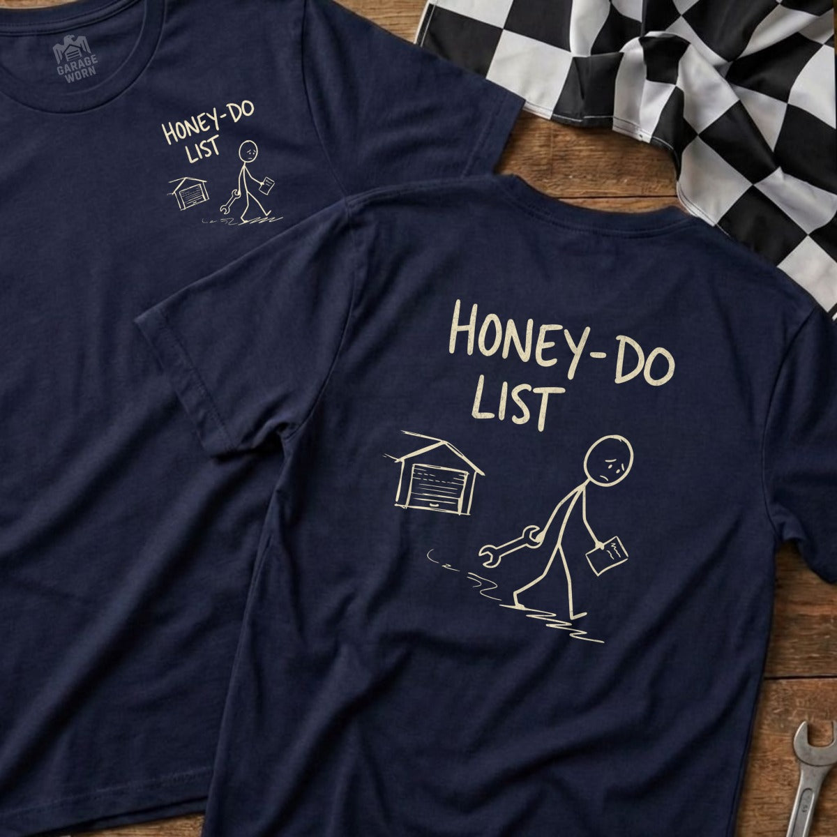 Navy t-shirt with "HONEY-DO LIST" and stick figure walking with tools.