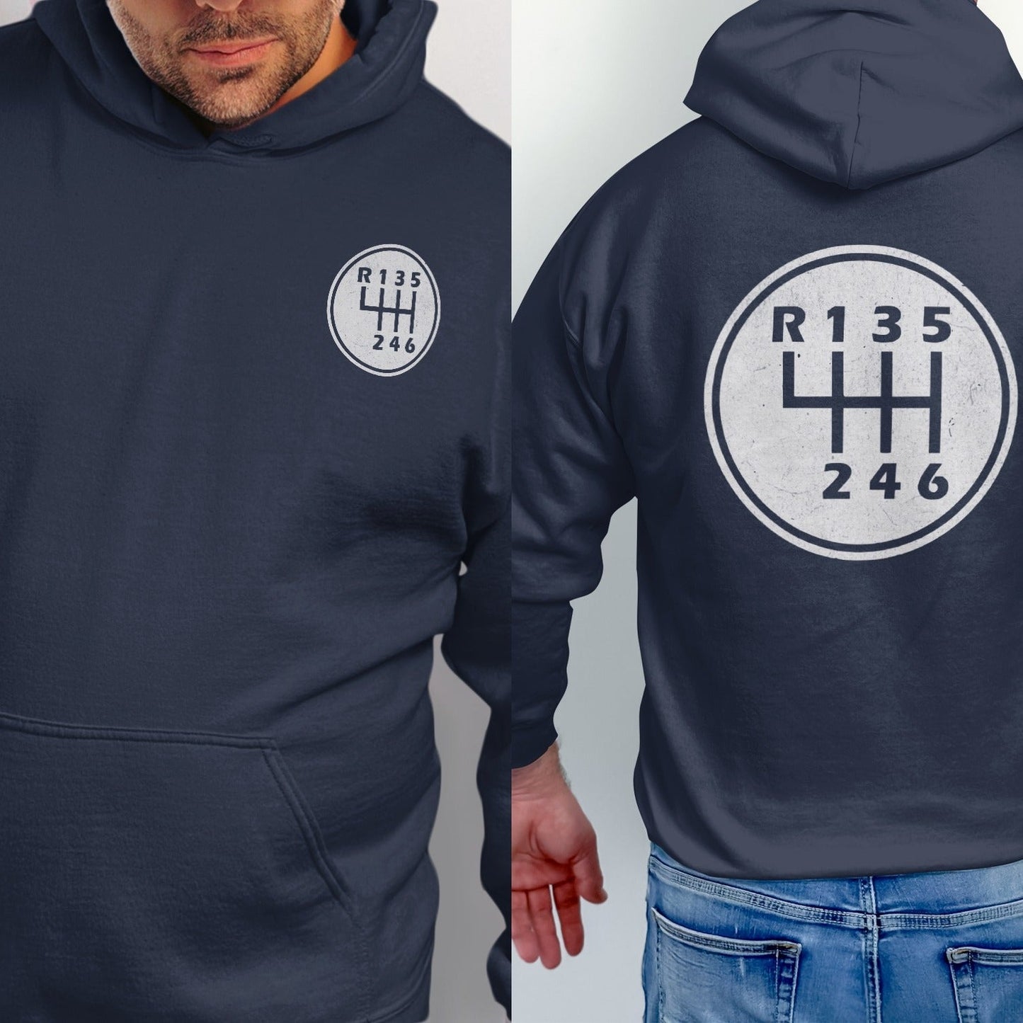 Navy hoodie with a white circular gear shift graphic and R135 246 text.