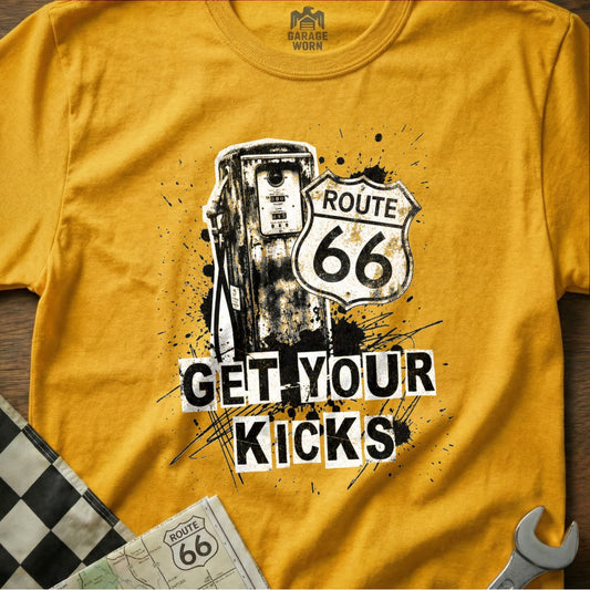 Yellow t-shirt with "Route 66" sign and gas pump graphic.