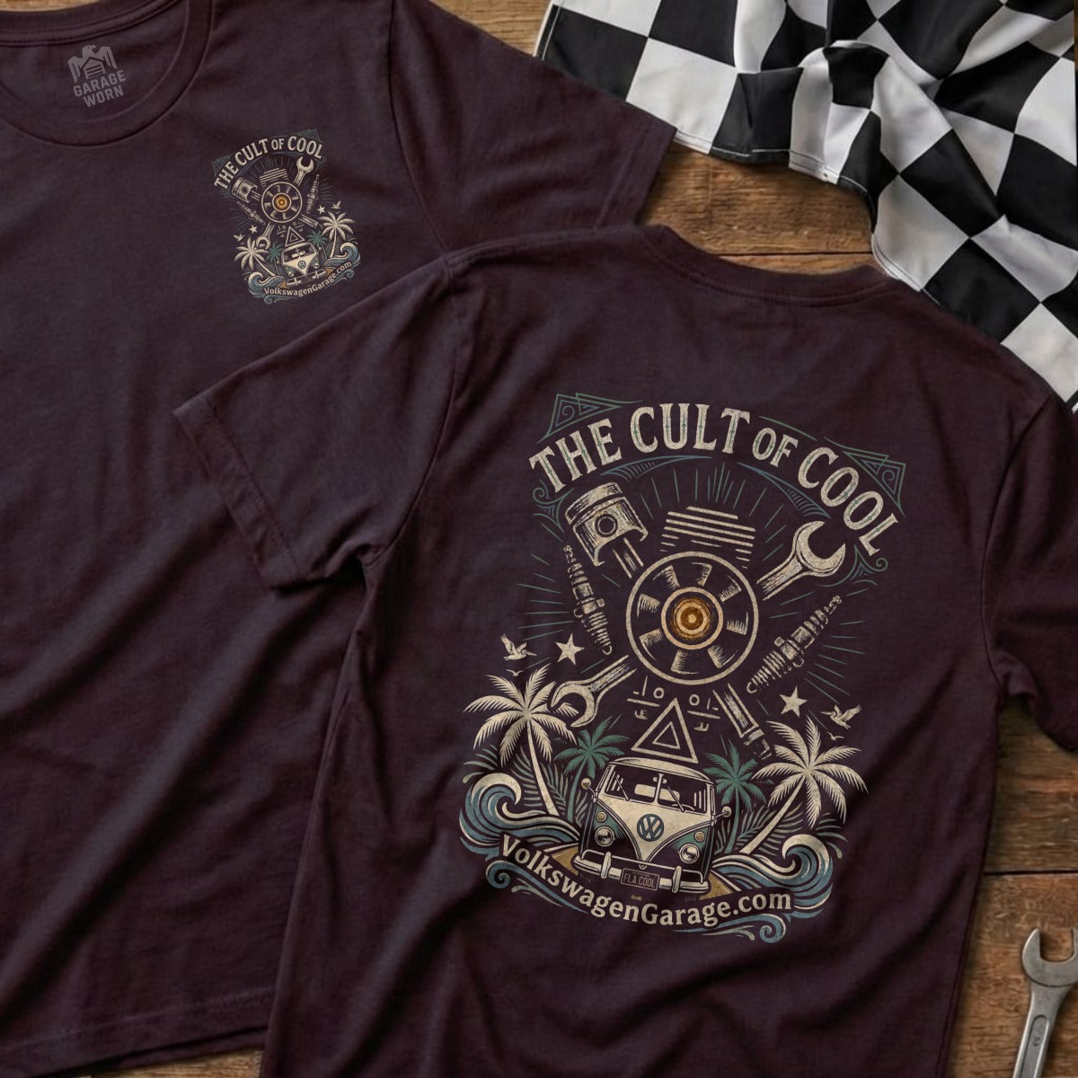 T-shirt with "The Cult of Cool" text, vintage VW van, palm trees, and engine parts.