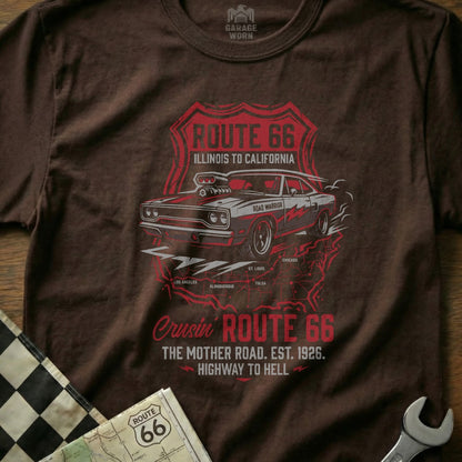Brown t-shirt with Route 66 graphic featuring a car and map.